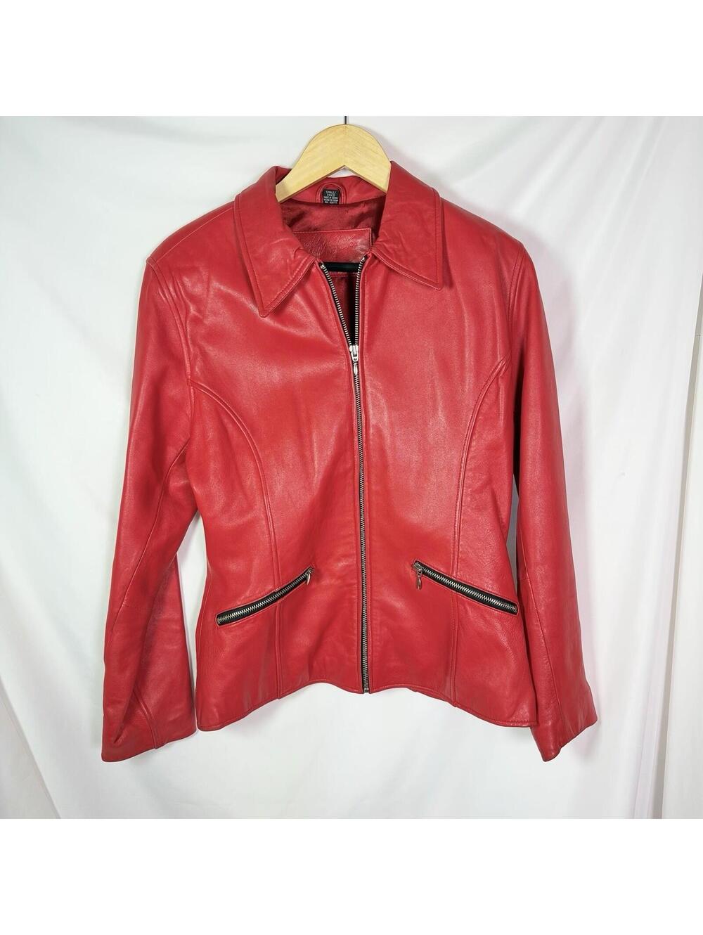 Jacqueline Ferrar Red Genuine Leather Biker Jacket Women's Sz S Vtg Classic